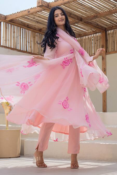 Shop Suti Kapda Peach Georgette Print Rosette Round Anarkali Pant Set Online at Aza Fashions Shop_Suti Kapda_Peach Georgette Print Rosette Round Anarkali Pant Set_Online_at_Aza_Fashions