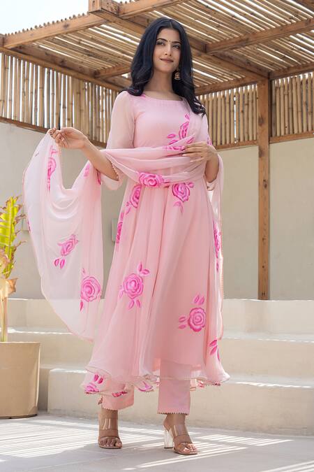 Suti Kapda Peach Georgette Print Rosette Round Anarkali Pant Set at Aza Fashions Suti Kapda_Peach Georgette Print Rosette Round Anarkali Pant Set_at_Aza_Fashions
