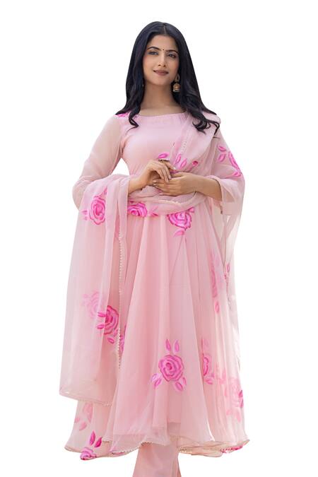 Buy Suti Kapda Peach Georgette Print Rosette Round Anarkali Pant Set Buy_Suti Kapda_Peach Georgette Print Rosette Round Anarkali Pant Set