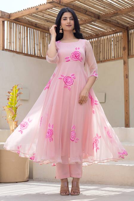 Shop Suti Kapda Peach Georgette Print Rosette Round Anarkali Pant Set Shop_Suti Kapda_Peach Georgette Print Rosette Round Anarkali Pant Set