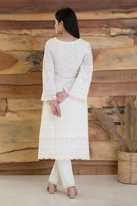 Shop Suti Kapda Off White Rayon Sequins, Embroidery Split V-neck Chikankari Kurta With Pant at Aza Fashions Shop_Suti Kapda_Off White Rayon Sequins, Embroidery Split V-neck Chikankari Kurta With Pant _at_Aza_Fashions