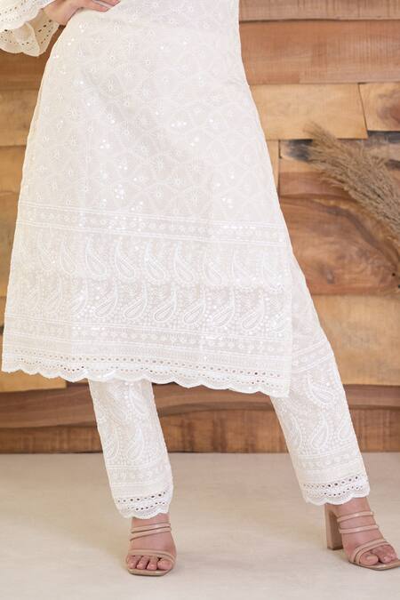 Suti Kapda Off White Rayon Sequins, Embroidery Split V-neck Chikankari Kurta With Pant Online at Aza Fashions Suti Kapda_Off White Rayon Sequins, Embroidery Split V-neck Chikankari Kurta With Pant _Online_at_Aza_Fashions