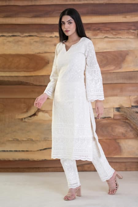Buy Suti Kapda Off White Rayon Sequins, Embroidery Split V-neck Chikankari Kurta With Pant Online at Aza Fashions Buy_Suti Kapda_Off White Rayon Sequins, Embroidery Split V-neck Chikankari Kurta With Pant _Online_at_Aza_Fashions