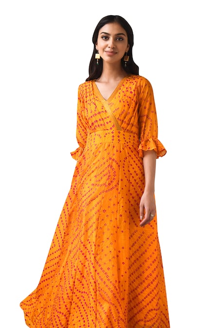 Suti Kapda_Yellow Silk Embroidery V-neck Bandhej Print Dress _Online_at_Aza_Fashions