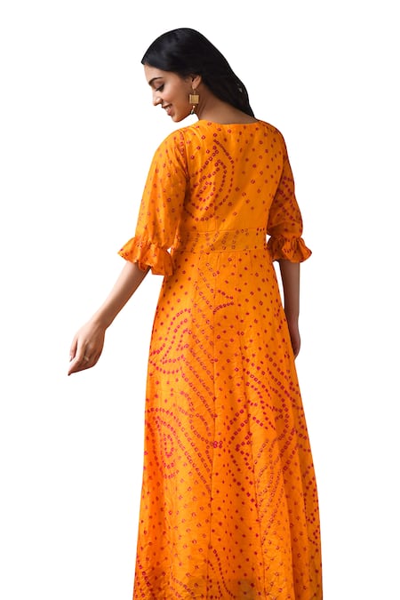 Shop_Suti Kapda_Yellow Silk Embroidery V-neck Bandhej Print Dress _Online_at_Aza_Fashions