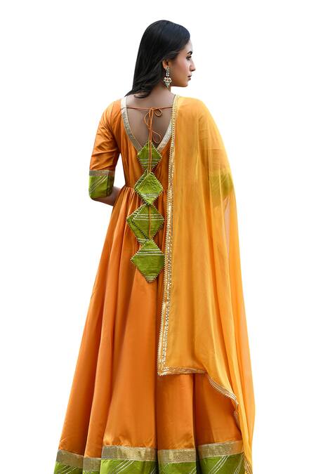 Suti Kapda Yellow Taffeta Gota Patti V-neck Color Block Anarkali With Dupatta Online at Aza Fashions Suti Kapda_Yellow Taffeta Gota Patti V-neck Color Block Anarkali With Dupatta _Online_at_Aza_Fashions
