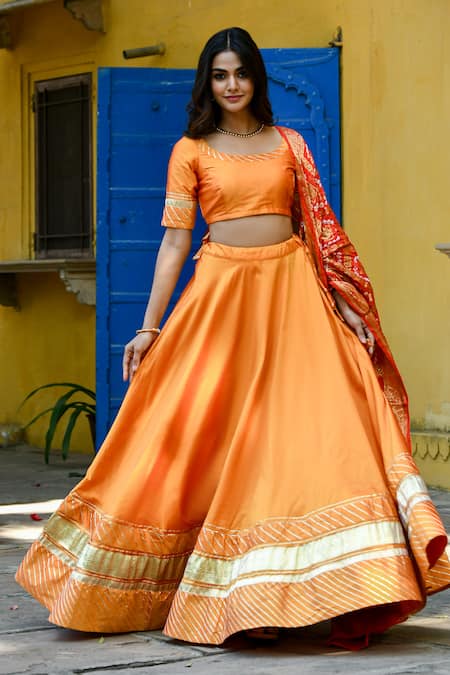 Suti Kapda_Yellow Taffeta, Silk Gota Patti Round Neck Placement Embroidered Lehenga Set _Online_at_Aza_Fashions