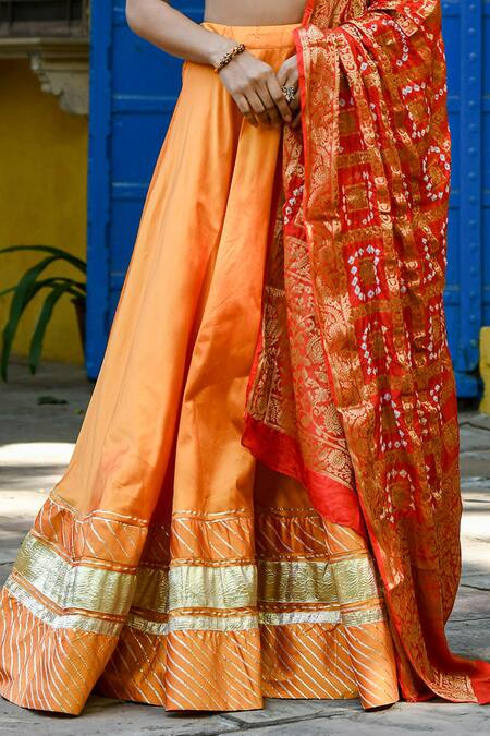 Buy Suti Kapda Yellow Taffeta, Silk Gota Patti Round Neck Placement Embroidered Lehenga Set Online at Aza Fashions Buy_Suti Kapda_Yellow Taffeta, Silk Gota Patti Round Neck Placement Embroidered Lehenga Set _Online_at_Aza_Fashions