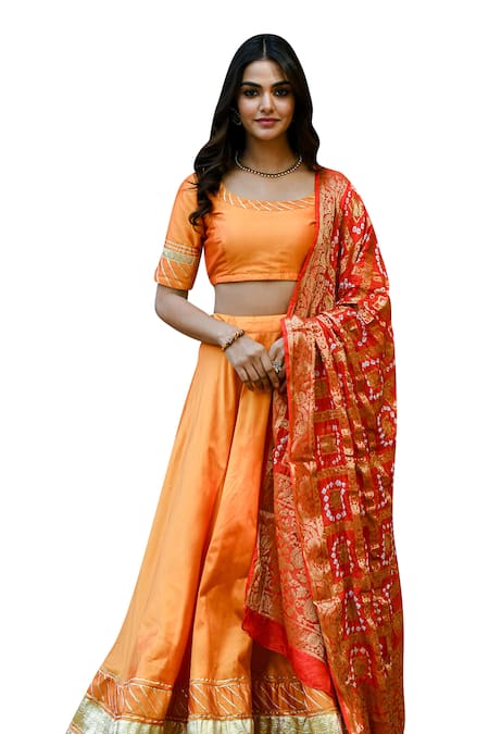 Suti Kapda Yellow Taffeta, Silk Gota Patti Round Neck Placement Embroidered Lehenga Set at Aza Fashions Suti Kapda_Yellow Taffeta, Silk Gota Patti Round Neck Placement Embroidered Lehenga Set _at_Aza_Fashions