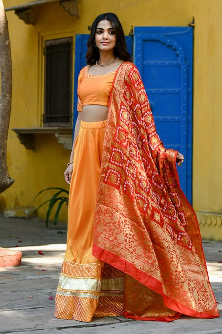Shop_Suti Kapda_Yellow Taffeta, Silk Gota Patti Round Neck Placement Embroidered Lehenga Set 