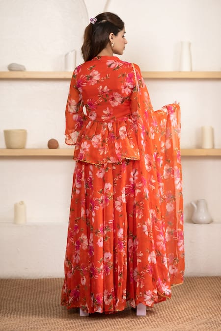 Shop Suti Kapda Orange Chiffon Embroidery Collared, V-neck Floral Print Lehenga Set at Aza Fashions Shop_Suti Kapda_Orange Chiffon Embroidery Collared, V-neck Floral Print Lehenga Set _at_Aza_Fashions