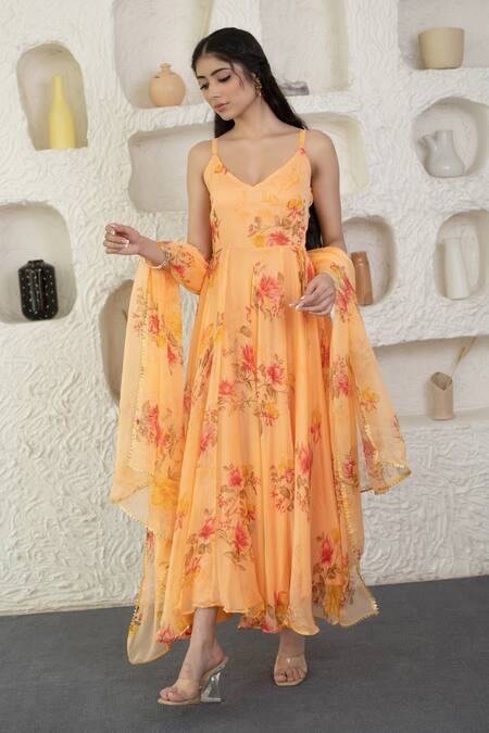 Suti Kapda_Peach Chiffon Embroidery V-neck Floral Print Anarkali With Dupatta _Online_at_Aza_Fashions