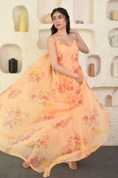 Suti Kapda_Peach Chiffon Embroidery V-neck Floral Print Anarkali With Dupatta _at_Aza_Fashions