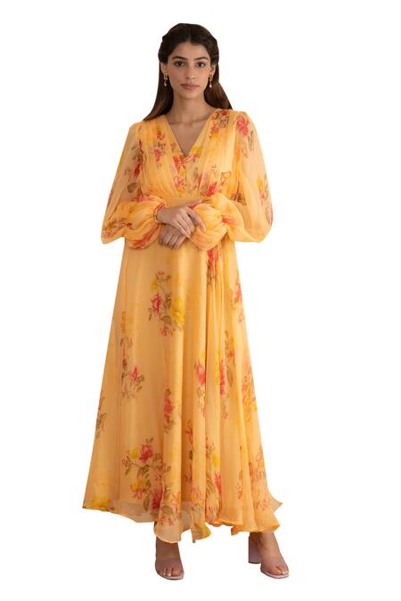 Buy Suti Kapda Peach Chiffon V-neck Floral Print Gown Online at Aza Fashions Buy_Suti Kapda_Peach Chiffon V-neck Floral Print Gown _Online_at_Aza_Fashions