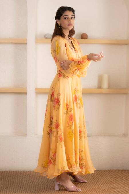 Shop Suti Kapda Peach Chiffon V-neck Floral Print Gown Online at Aza Fashions Shop_Suti Kapda_Peach Chiffon V-neck Floral Print Gown _Online_at_Aza_Fashions