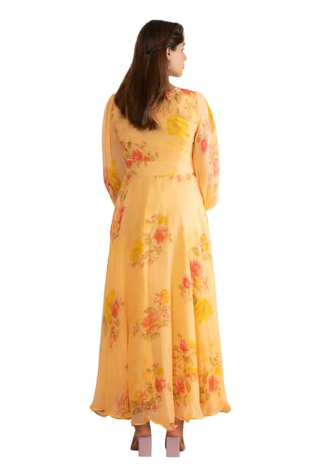 Suti Kapda Peach Chiffon V-neck Floral Print Gown at Aza Fashions Suti Kapda_Peach Chiffon V-neck Floral Print Gown _at_Aza_Fashions