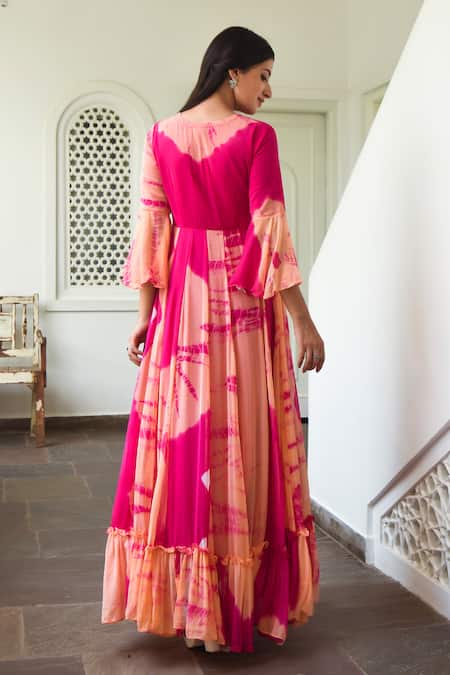 Shop_Suti Kapda_Peach Chiffon V-neck Tie-dye Effect Tiered Gown_at_Aza_Fashions