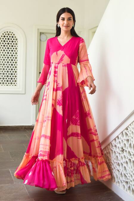 Suti Kapda_Peach Chiffon V-neck Tie-dye Effect Tiered Gown_Online_at_Aza_Fashions