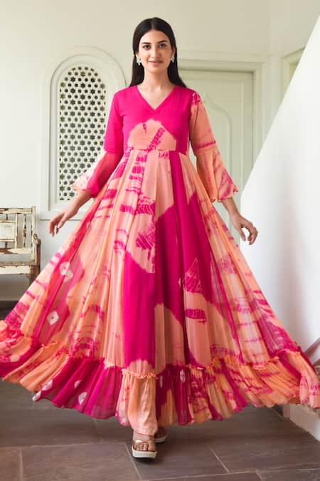 Buy_Suti Kapda_Peach Chiffon V-neck Tie-dye Effect Tiered Gown_Online_at_Aza_Fashions