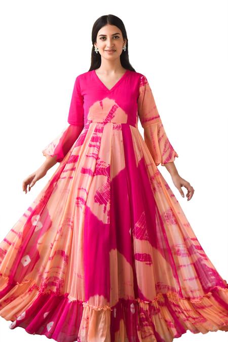 Shop_Suti Kapda_Peach Chiffon V-neck Tie-dye Effect Tiered Gown_Online_at_Aza_Fashions