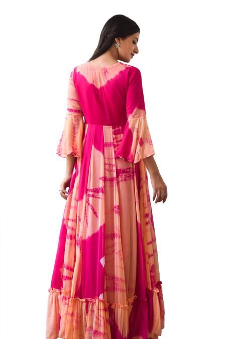 Suti Kapda_Peach Chiffon V-neck Tie-dye Effect Tiered Gown_at_Aza_Fashions
