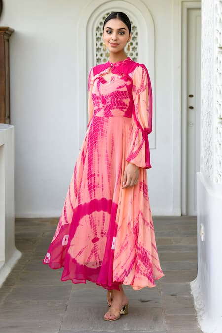 Suti Kapda_Peach Chiffon Mandarin Collar Tie-dye Effect Gown _Online_at_Aza_Fashions