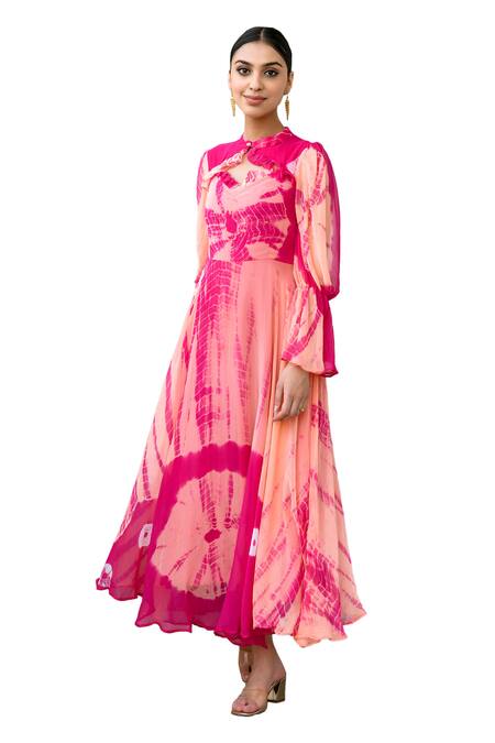 Buy_Suti Kapda_Peach Chiffon Mandarin Collar Tie-dye Effect Gown _Online_at_Aza_Fashions
