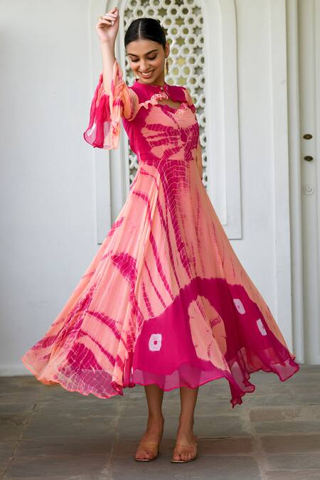 Shop_Suti Kapda_Peach Chiffon Mandarin Collar Tie-dye Effect Gown _Online_at_Aza_Fashions