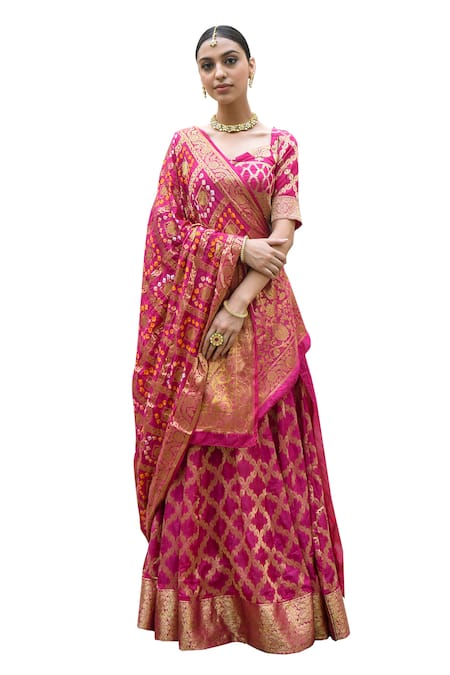 Shop_Suti Kapda_Pink Silk, Brocade Embroidery, Zari Sweetheart Neck Banarasi Woven Lehenga Set _Online_at_Aza_Fashions