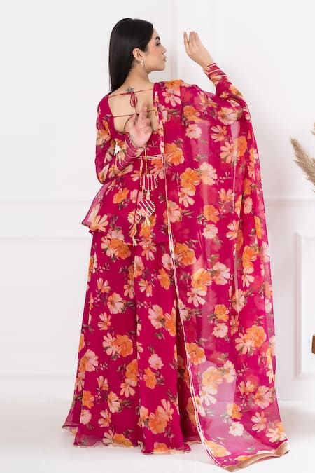 Buy_Suti Kapda_Pink Chiffon Embroidery V-neck Printed Lehenga Set _Online_at_Aza_Fashions