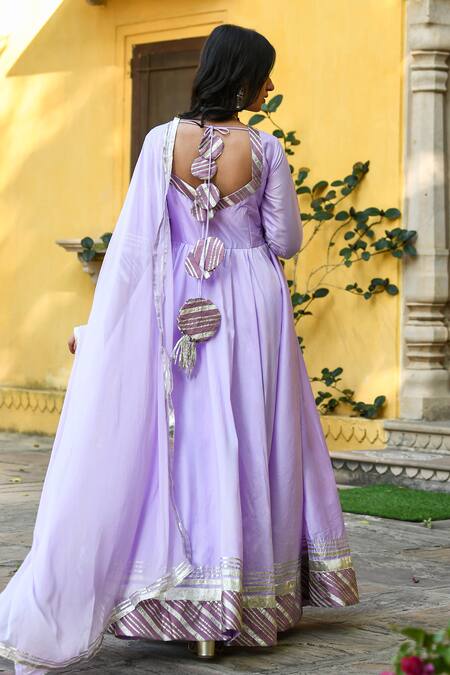 Shop Suti Kapda Purple Taffeta Zari, Gota Patti V-neck Woven Thread Anarkali With Dupatta at Aza Fashions Shop_Suti Kapda_Purple Taffeta Zari, Gota Patti V-neck Woven Thread Anarkali With Dupatta_at_Aza_Fashions