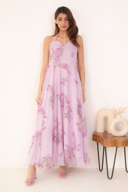 SUTI KAPDA Floral Print Halter Neck Gown 