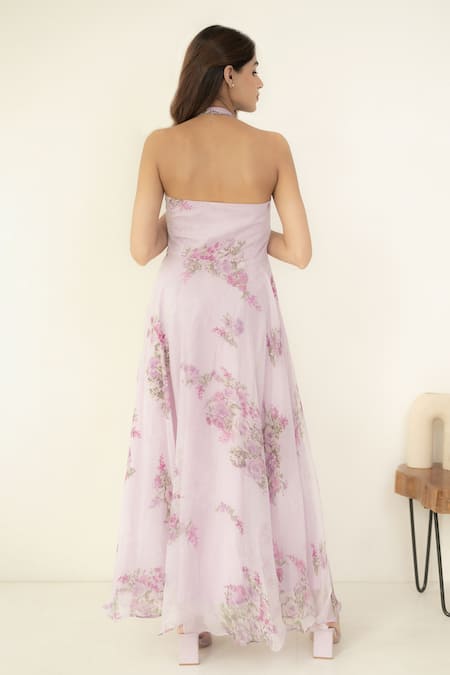 Shop_Suti Kapda_Purple Chiffon Embroidery Halter Neck Floral Print Gown _at_Aza_Fashions