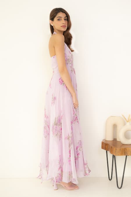 Suti Kapda_Purple Chiffon Embroidery Halter Neck Floral Print Gown _Online_at_Aza_Fashions