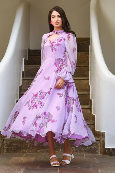 Suti Kapda Purple Chiffon Mandarin Collar Floral Print Flared Gown Online at Aza Fashions Suti Kapda_Purple Chiffon Mandarin Collar Floral Print Flared Gown _Online_at_Aza_Fashions