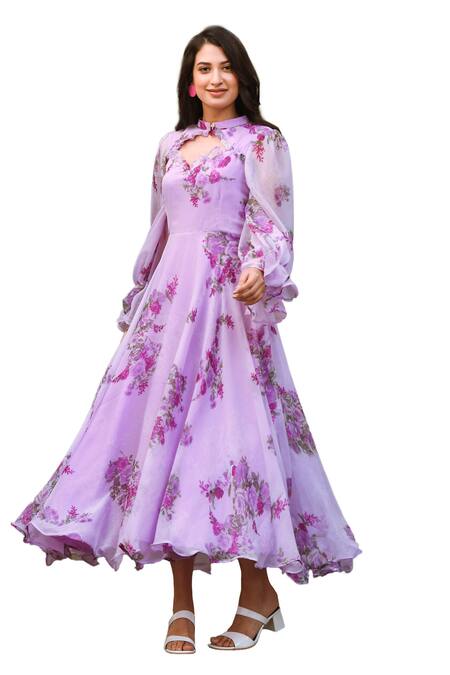 Buy Suti Kapda Purple Chiffon Mandarin Collar Floral Print Flared Gown Online at Aza Fashions Buy_Suti Kapda_Purple Chiffon Mandarin Collar Floral Print Flared Gown _Online_at_Aza_Fashions