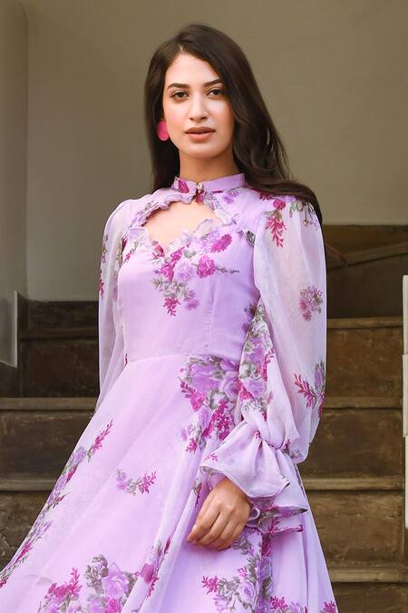 Shop Suti Kapda Purple Chiffon Mandarin Collar Floral Print Flared Gown Online at Aza Fashions Shop_Suti Kapda_Purple Chiffon Mandarin Collar Floral Print Flared Gown _Online_at_Aza_Fashions