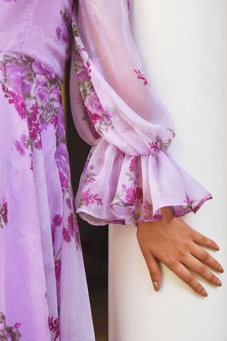 Suti Kapda Purple Chiffon Mandarin Collar Floral Print Flared Gown at Aza Fashions Suti Kapda_Purple Chiffon Mandarin Collar Floral Print Flared Gown _at_Aza_Fashions