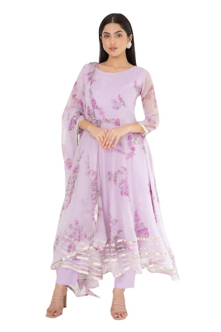 Suti Kapda_Purple Chiffon Gota Patti Round Neck Floral Print Anarkali Pant Set _Online_at_Aza_Fashions