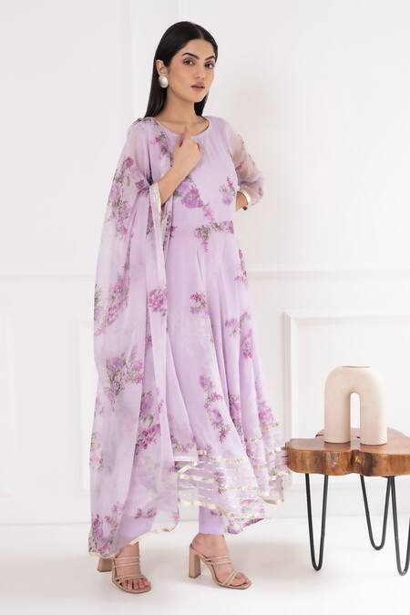 Buy_Suti Kapda_Purple Chiffon Gota Patti Round Neck Floral Print Anarkali Pant Set _Online_at_Aza_Fashions