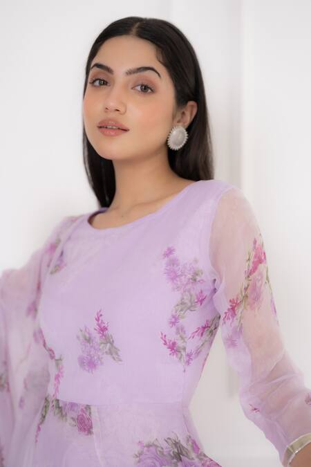 Shop_Suti Kapda_Purple Chiffon Gota Patti Round Neck Floral Print Anarkali Pant Set _Online_at_Aza_Fashions