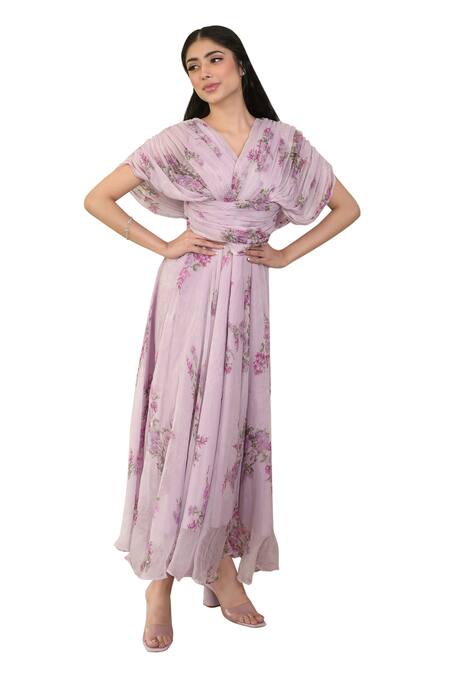 Suti Kapda_Purple Chiffon V-neck Floral Print Draped Yoke Gown _Online_at_Aza_Fashions