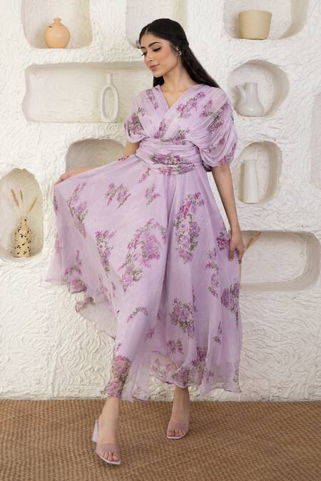 Buy_Suti Kapda_Purple Chiffon V-neck Floral Print Draped Yoke Gown 
