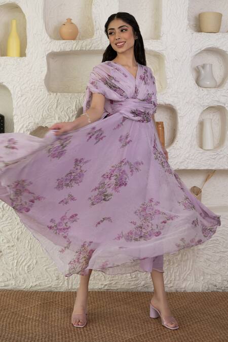 Shop_Suti Kapda_Purple Chiffon V-neck Floral Print Draped Yoke Gown 