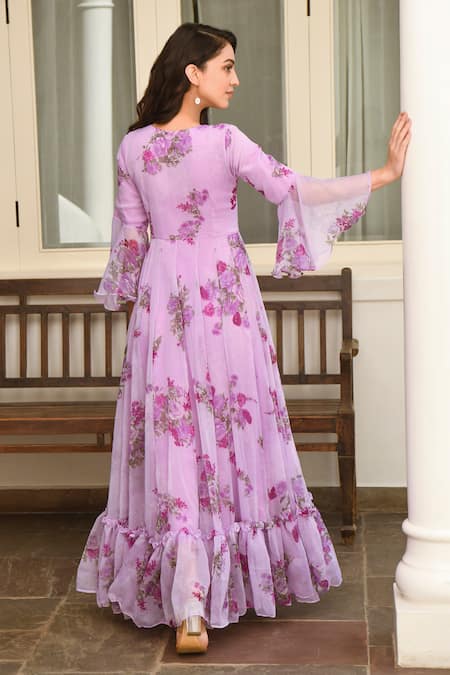 Shop Suti Kapda Purple Chiffon V-neck Floral Print Tiered Hem Gown at Aza Fashions Shop_Suti Kapda_Purple Chiffon V-neck Floral Print Tiered Hem Gown _at_Aza_Fashions