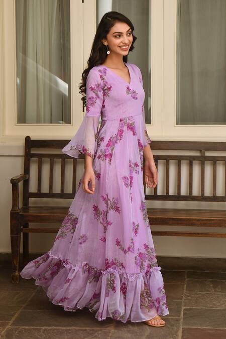 Shop Suti Kapda Purple Chiffon V-neck Floral Print Tiered Hem Gown Online at Aza Fashions Shop_Suti Kapda_Purple Chiffon V-neck Floral Print Tiered Hem Gown _Online_at_Aza_Fashions