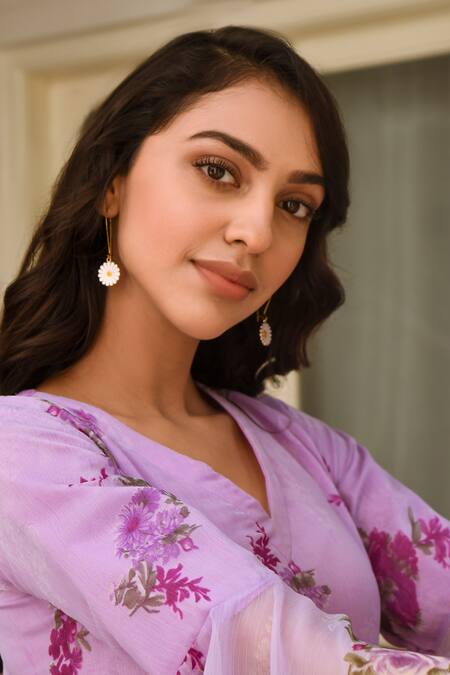 Suti Kapda Purple Chiffon V-neck Floral Print Tiered Hem Gown at Aza Fashions Suti Kapda_Purple Chiffon V-neck Floral Print Tiered Hem Gown _at_Aza_Fashions