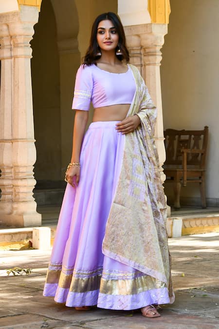 Shop_Suti Kapda_Purple Silk, Taffeta Gota Patti Round Neck Lehenga Set _Online_at_Aza_Fashions