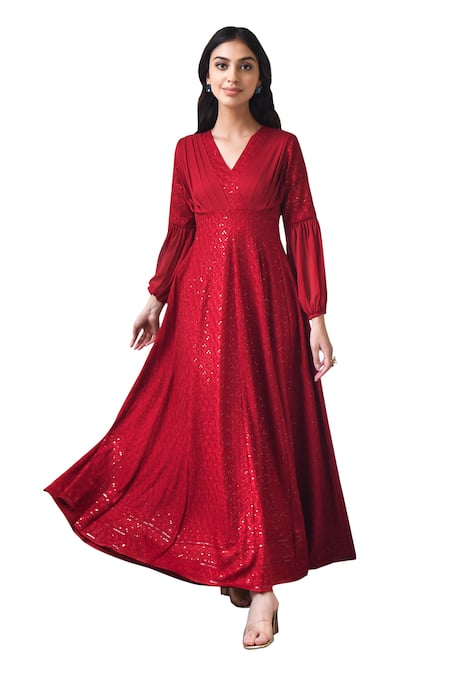Buy_Suti Kapda_Maroon Rayon Sequins, Embroidery V-neck Chikankari Gown _Online_at_Aza_Fashions