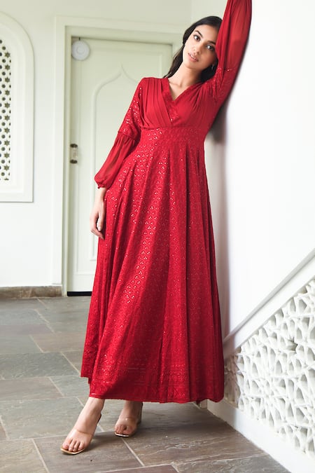 Suti Kapda_Maroon Rayon Sequins, Embroidery V-neck Chikankari Gown _at_Aza_Fashions